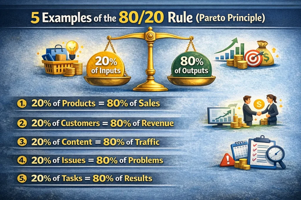 SEO services illustration showing pricing, strategy, analytics, and the 80/20 rule for business growth