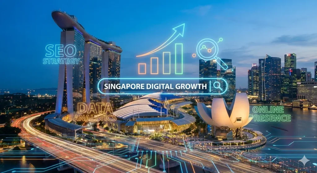 Singapore skyline with SEO graphics showcasing affordable services by KSVPro