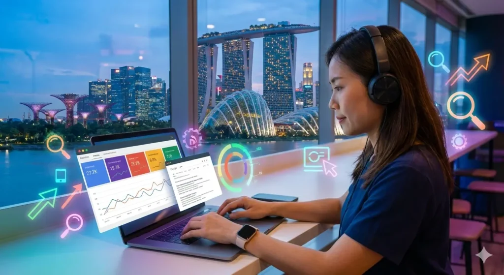 SEO specialist working on analytics with Singapore skyline in the background