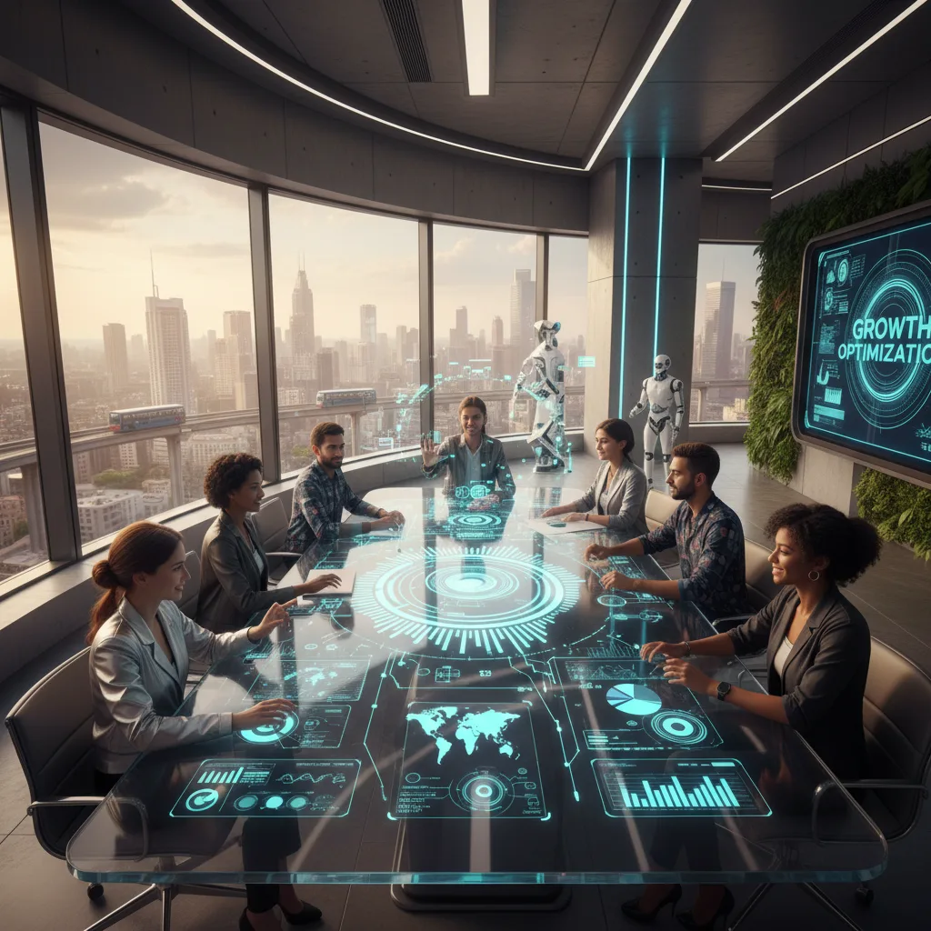 3D visualization of Mumbai business meeting with holographic AI tools and digital marketing freelancers optimizing strategies.