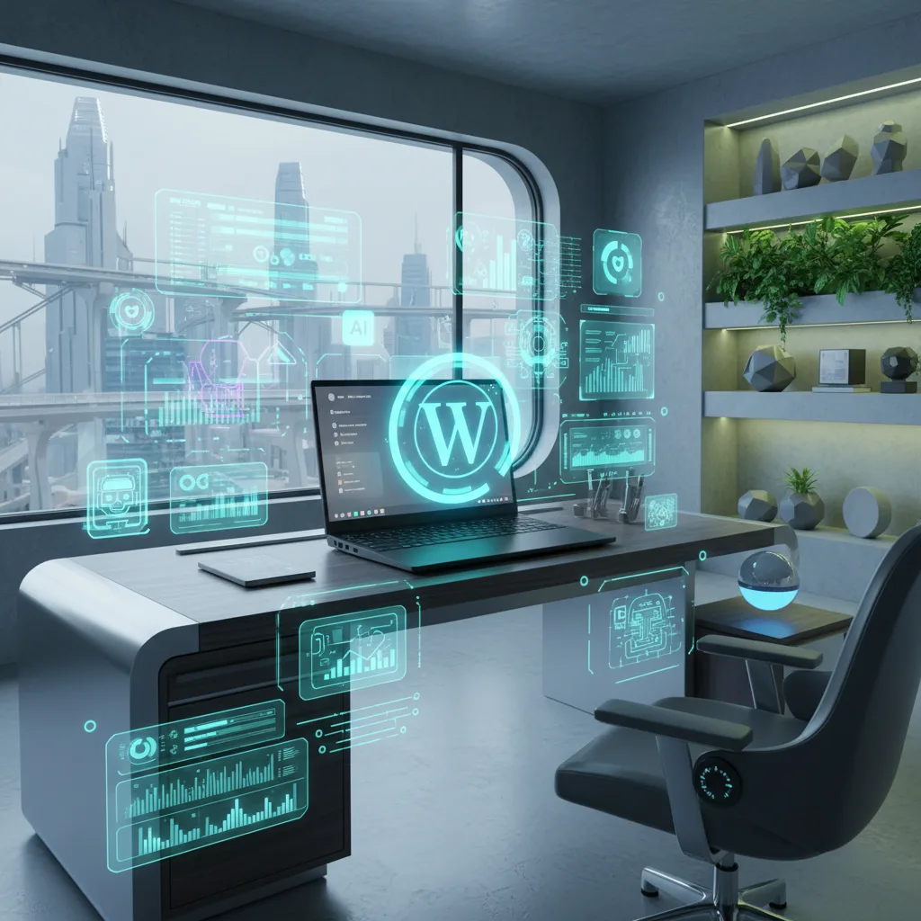 A 3D-rendered workspace featuring a freelance WordPress developer Singapore with a sleek laptop, holographic WordPress logo, and futuristic elements.
