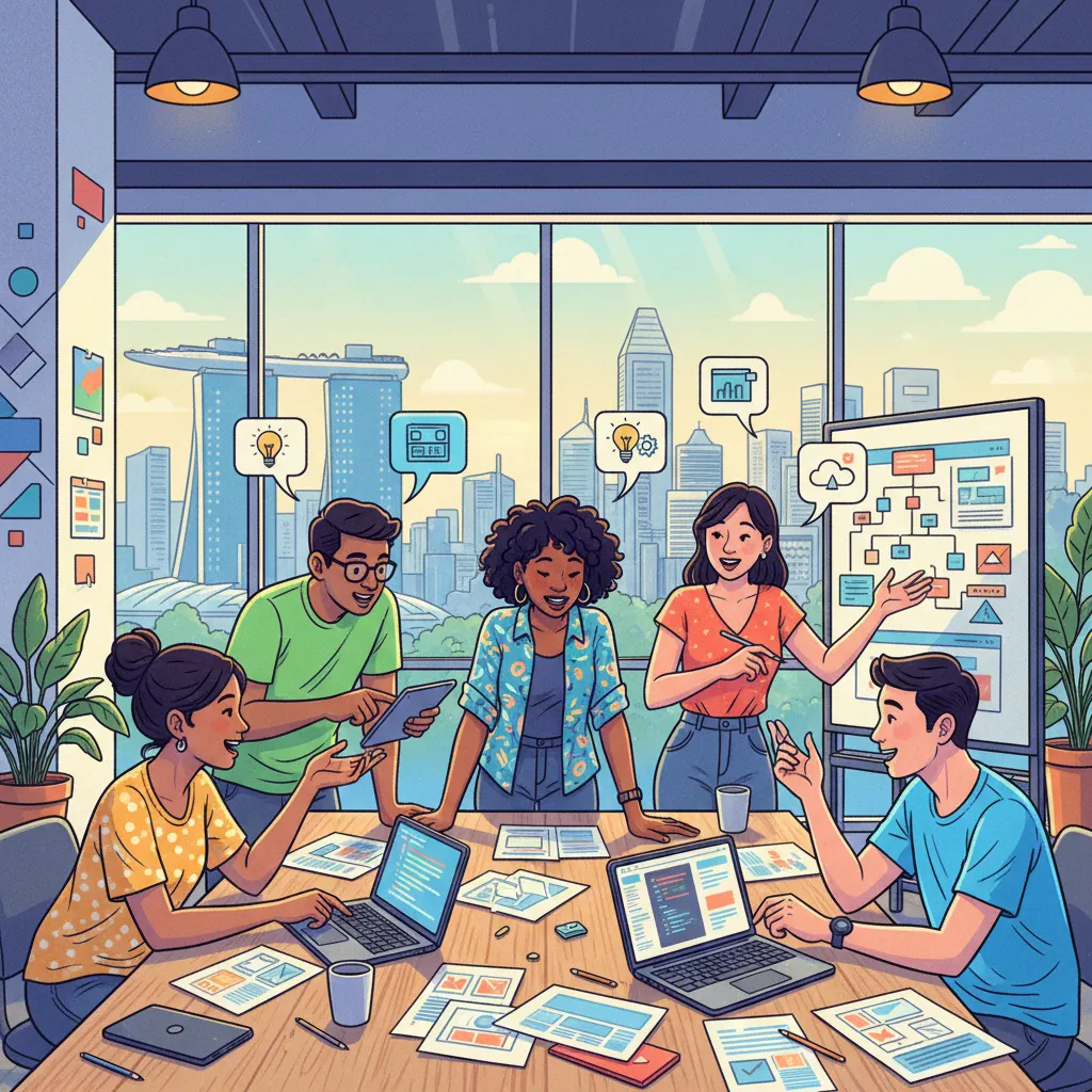 An artistic illustration of a freelance WordPress developer Singapore collaborating with a startup team in a creative workspace.