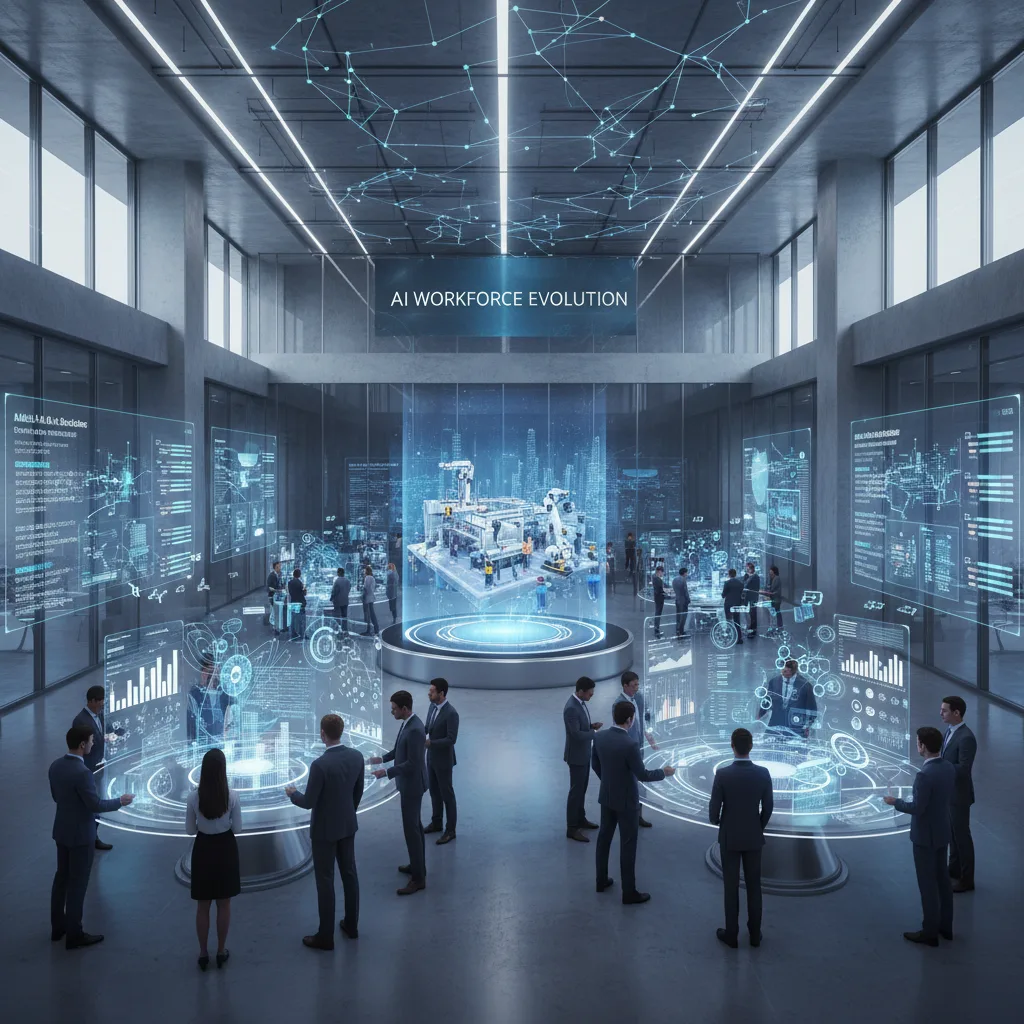 A 3D futuristic AI-powered classroom with students and professionals interacting with holographic screens, AI robots, and adaptive learning platforms. Caption: A glimpse into the future of education with