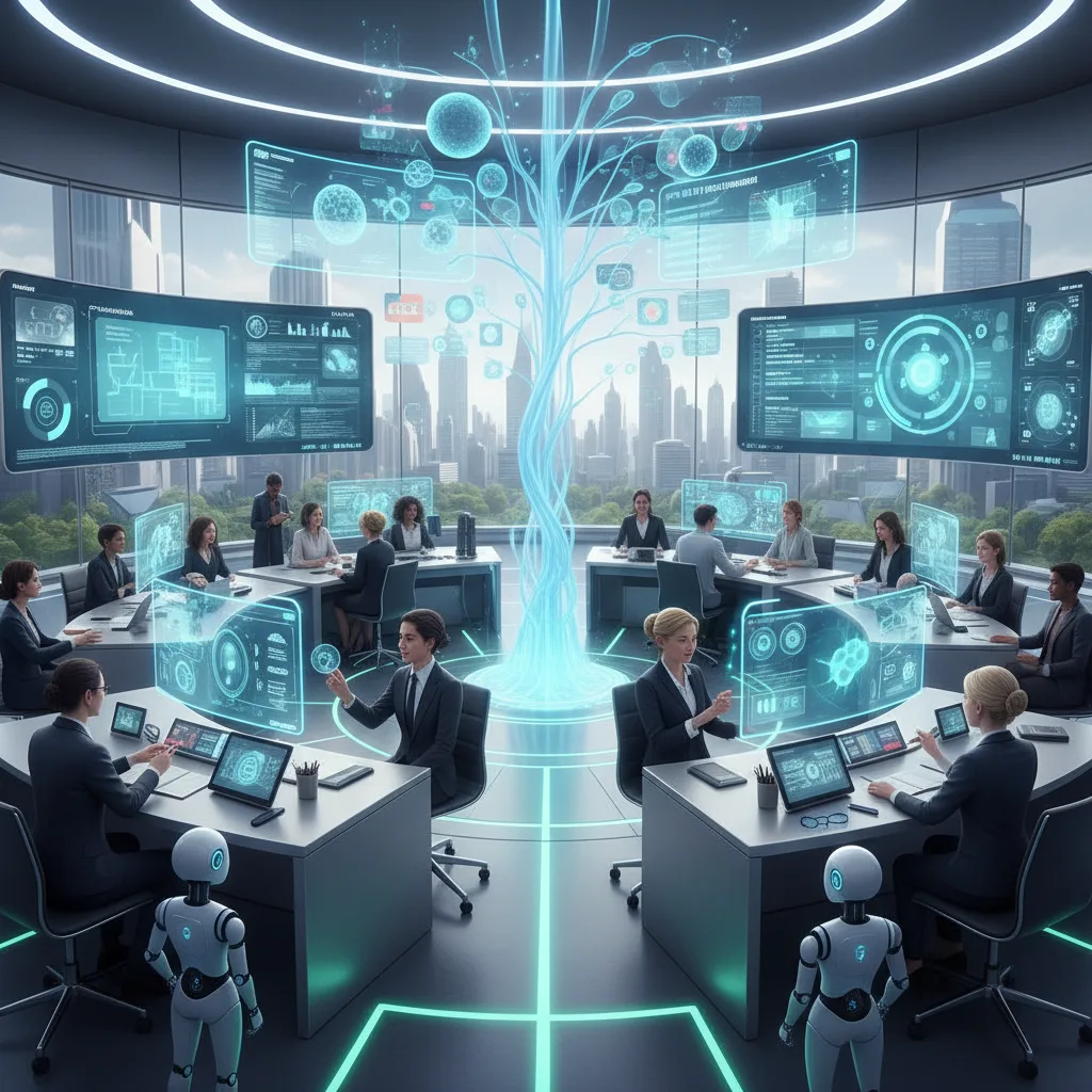 A 3D corporate training environment powered by AI, featuring professionals collaborating with adaptive learning systems and real-world project simulations.