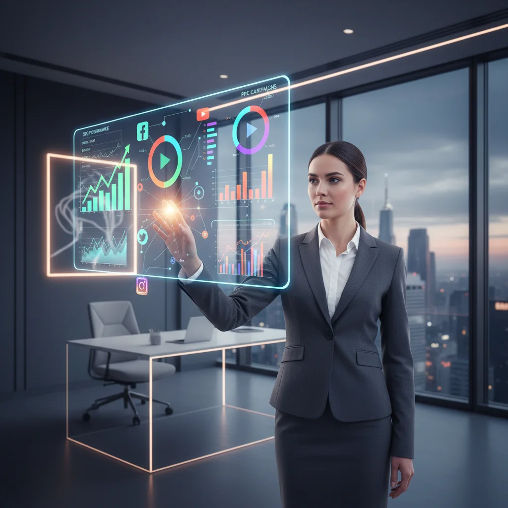 A realistic depiction of freelance digital marketing uk with a professional analyzing data on a futuristic holographic screen, showcasing SEO, PPC, and social media elements.