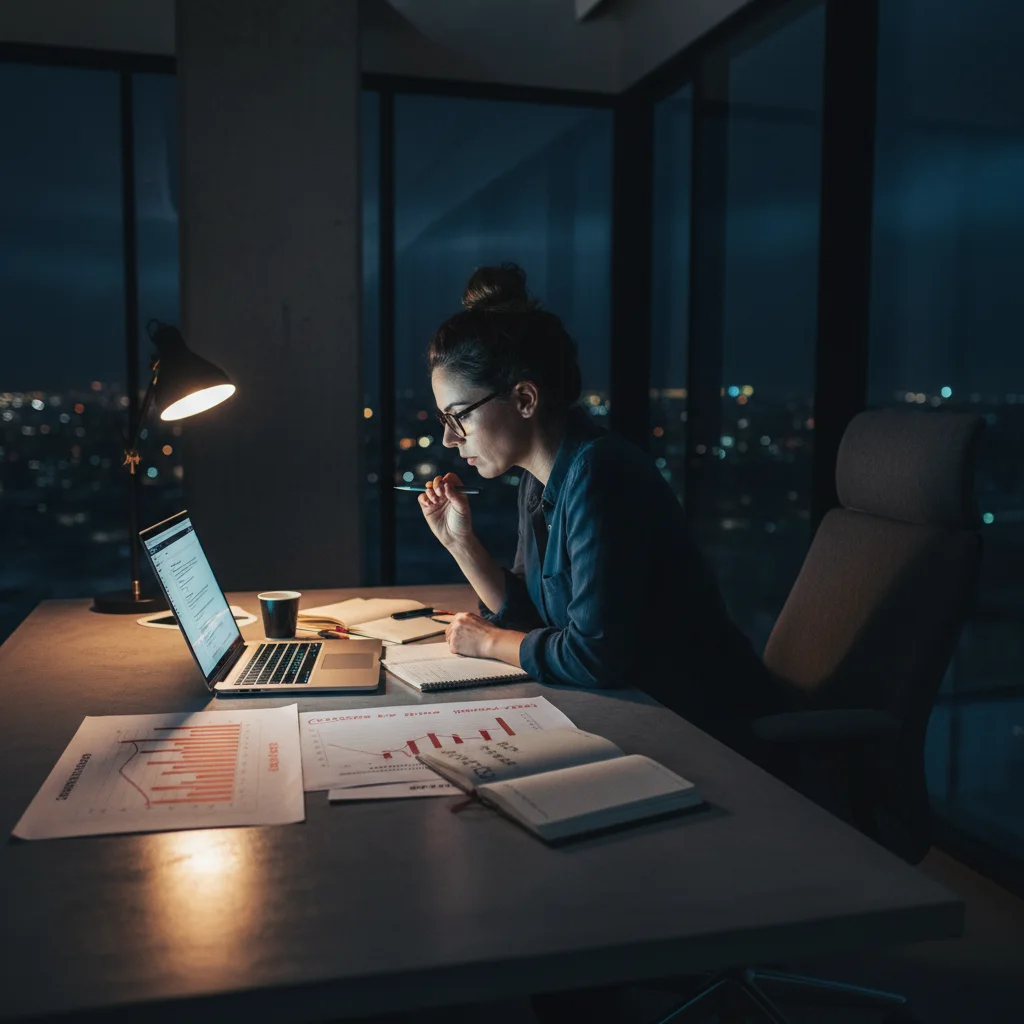 A startup founder working late at night in a modern office, symbolizing the decision to hire offshore WordPress developer talent.