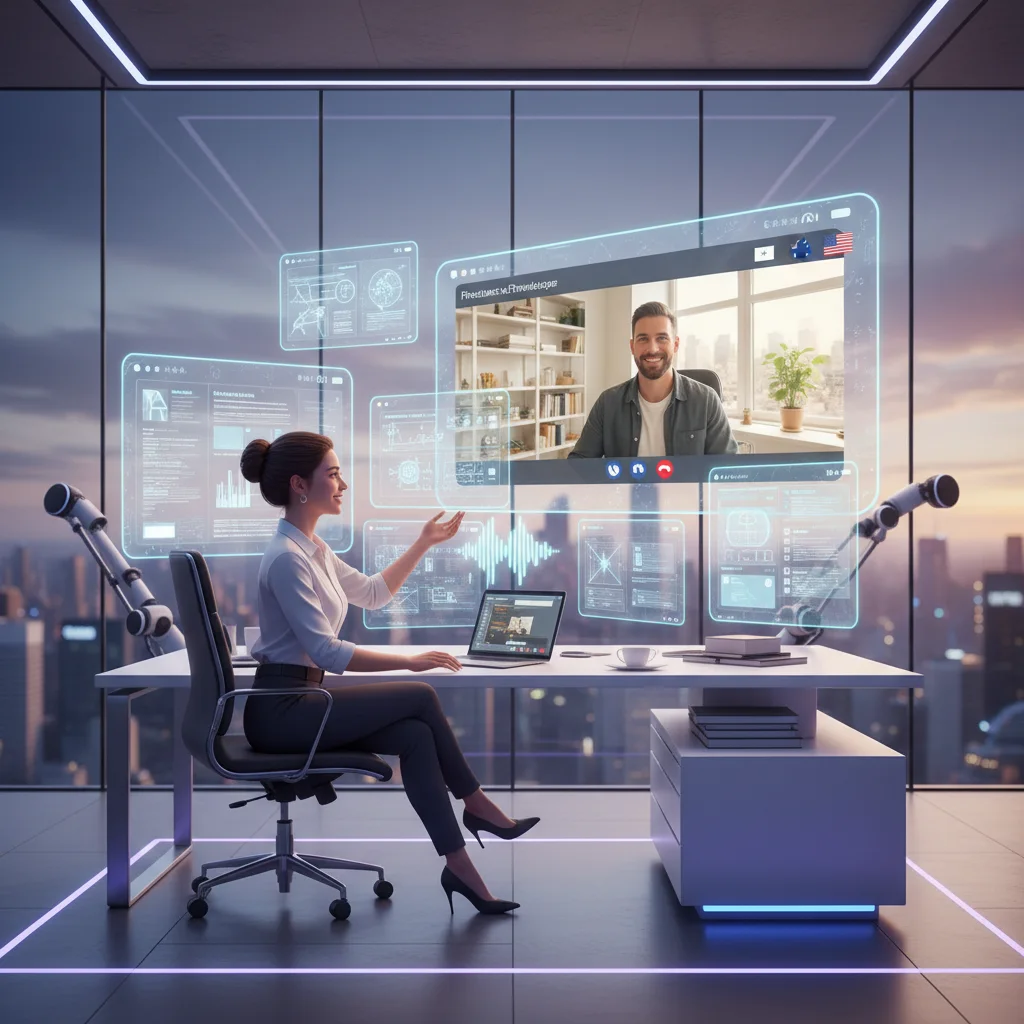 A 3D-rendered image of a startup founder in the USA collaborating with a freelance WordPress developer Sydney in a futuristic office setting.