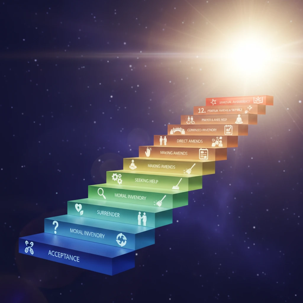 3D futuristic glowing staircase for a 12-step program, ascending into radiant light to symbolize recovery and growth.