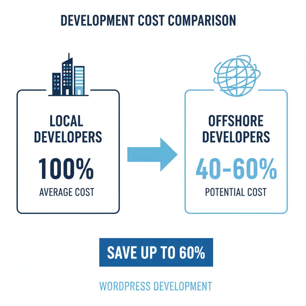 Infographic comparing development costs between local and offshore WordPress developers, highlighting cost savings.