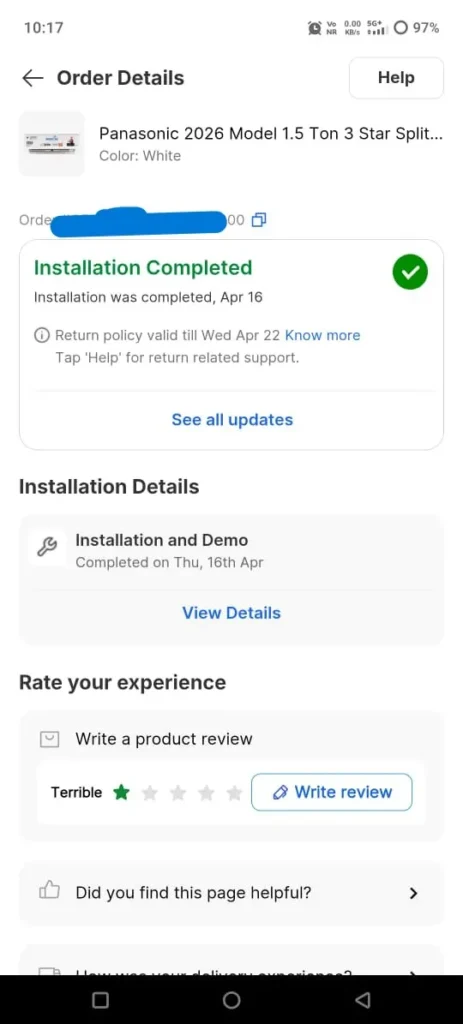 Flipkart order tracking screenshot showing delivery issue and unresolved customer complaint